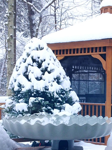 A snow covered tree in front of a gazebo