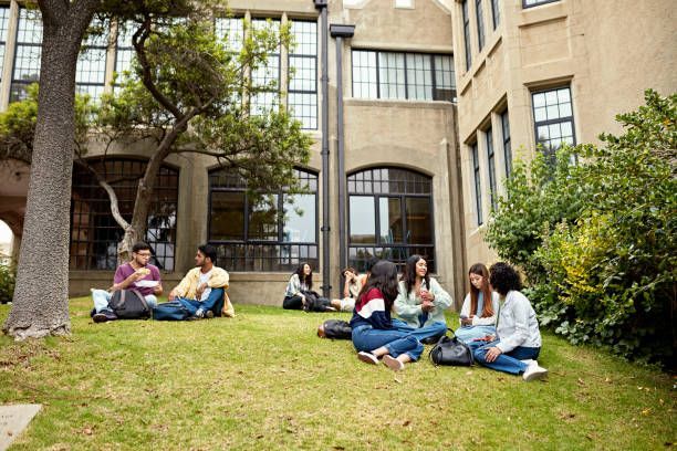 Group of people sitting outdoors, smiling at camera; some with devices. Sunny, tree background.