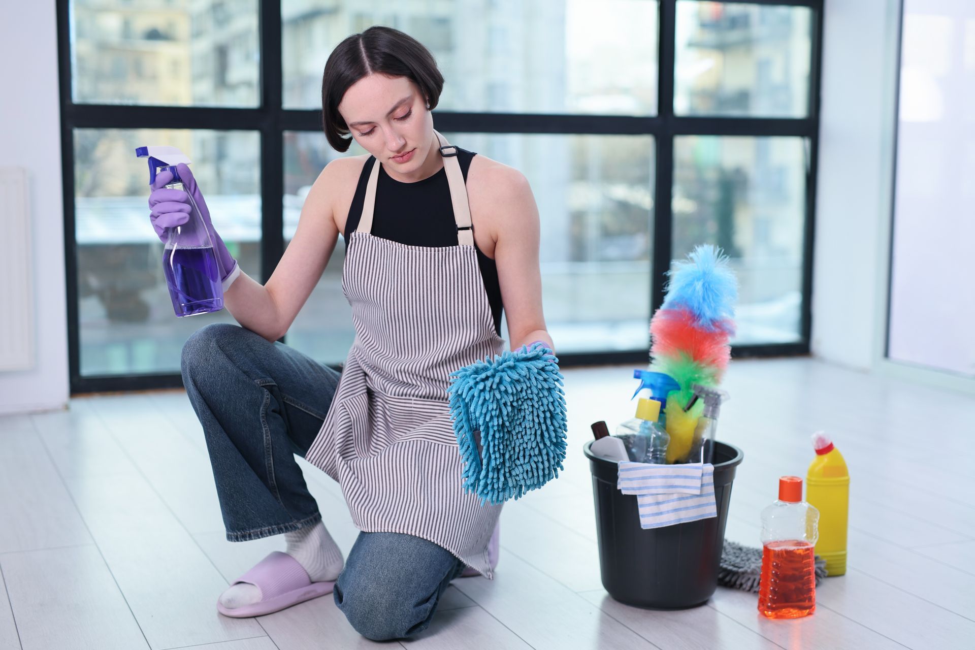 Woman kneeling, cleaning a room with cleaning supplies.