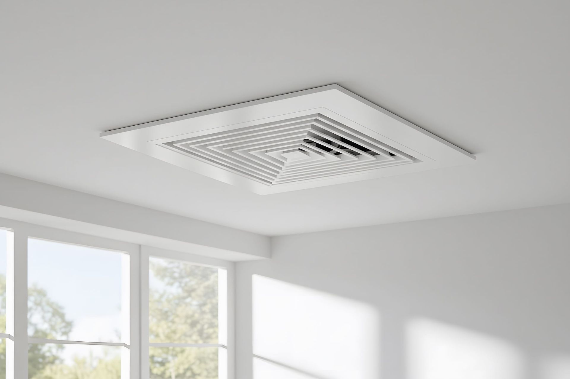 A room with a ceiling fan and a window.