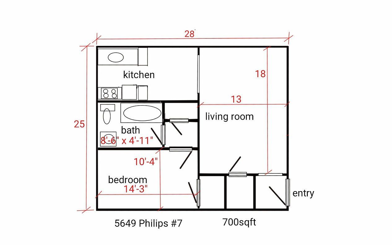 Floor plan of an apartment, showing kitchen, living room, bedroom, and bathroom. Dimensions and labeled rooms.