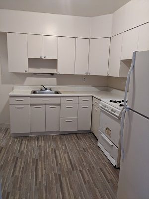 L-shaped kitchen with white cabinets, appliances, and countertops, brown wood-look flooring.