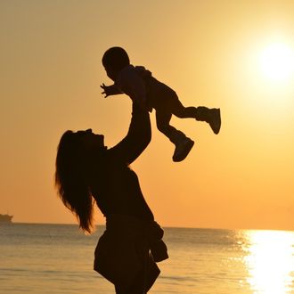 a silhouette of a woman holding a baby in the air