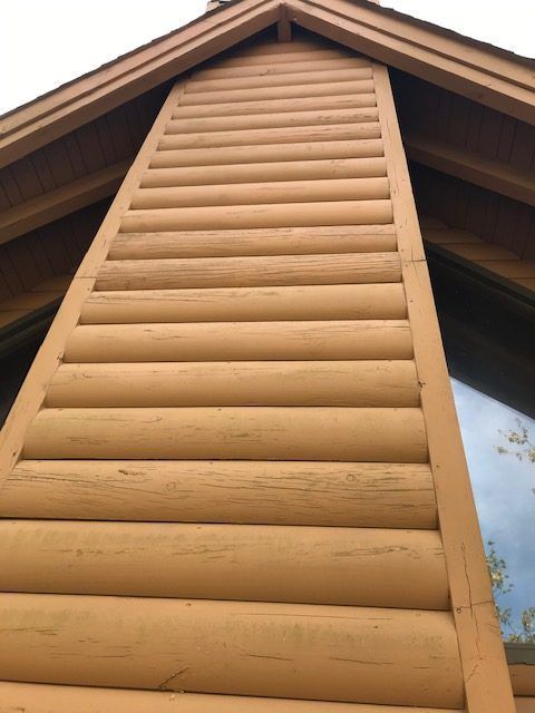 Wooden cabin siding rising to a peaked roof, viewed from below against the sky