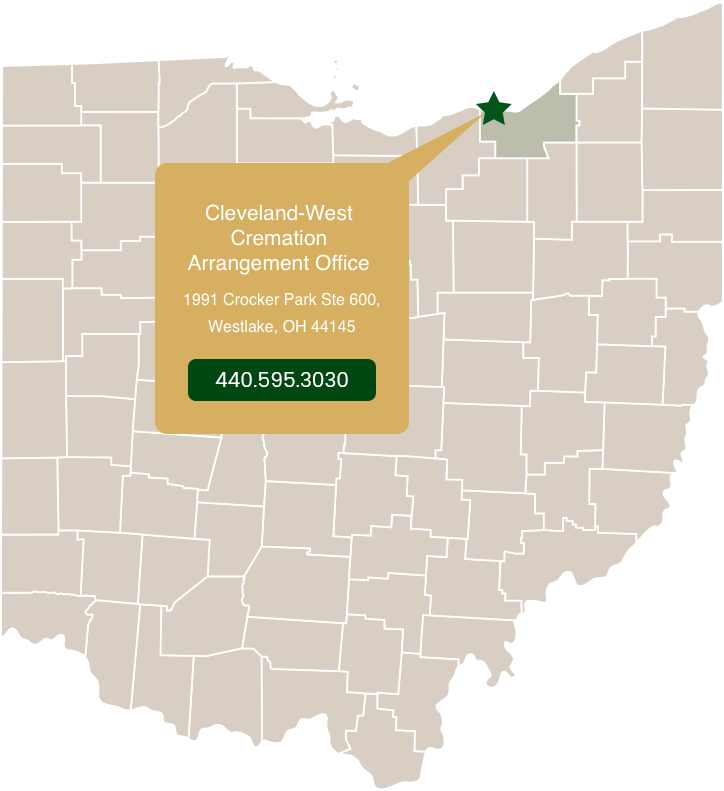 a map showing the location of the cleveland-west cremation arrangement office