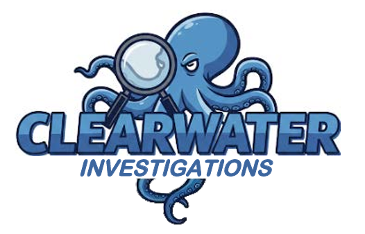 Logo for Clearwater Investigations: blue octopus holding a magnifying glass over the company name.