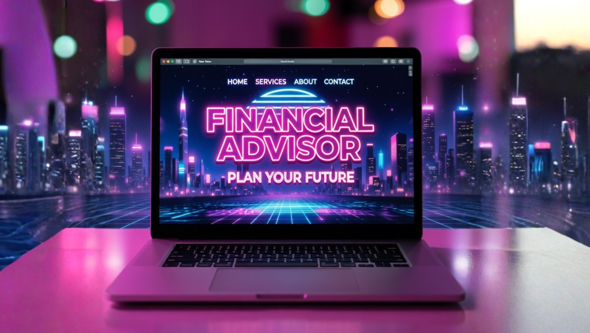 Modern financial advisor website homepage on a laptop screen in a professional office setting.