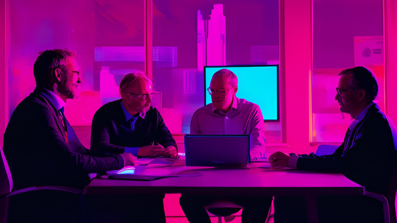 Professional meeting of financial advisors in a neon-lit office setting, discussing digital strategy