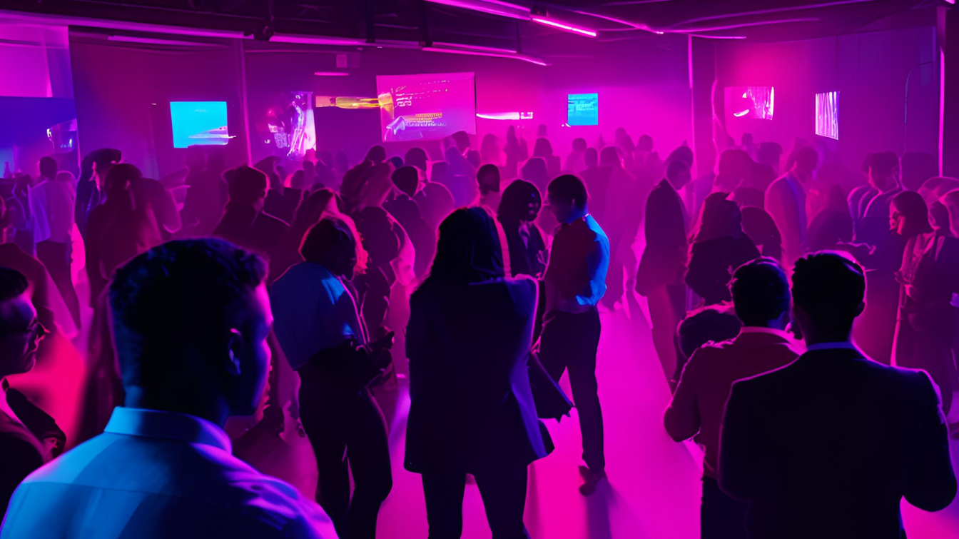 Illustration of financial advisors and clients interacting at a professional networking event with d