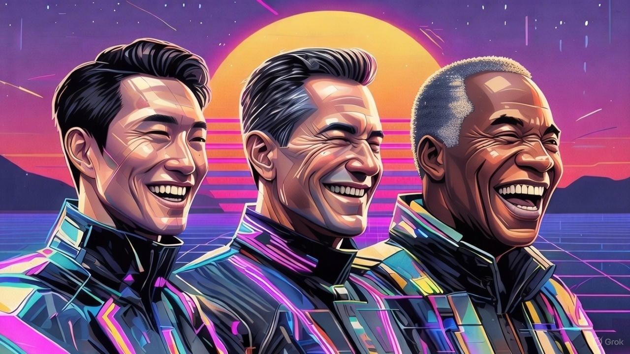 Financial planning for men. Three men laughing, pixelated neon style, with sunset backdrop.