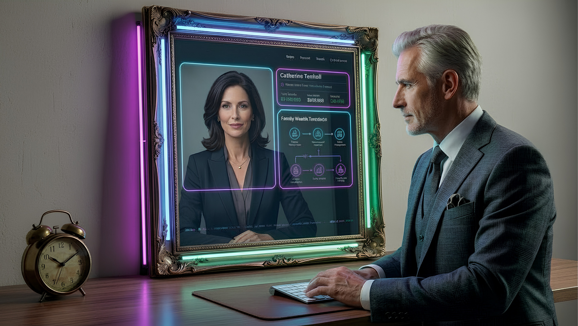 Neon-glitch illustration of an advisor taking the 'Mirror Test' to see his 'Catherine' ideal client 