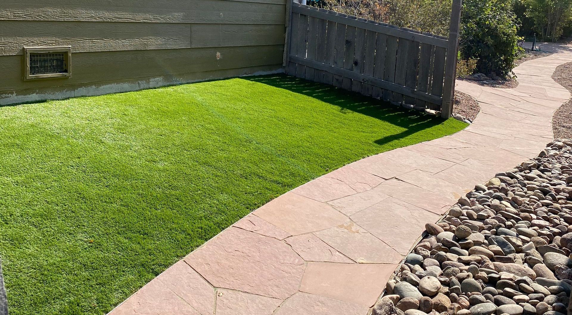 flagstone walkway artificial turf grass install