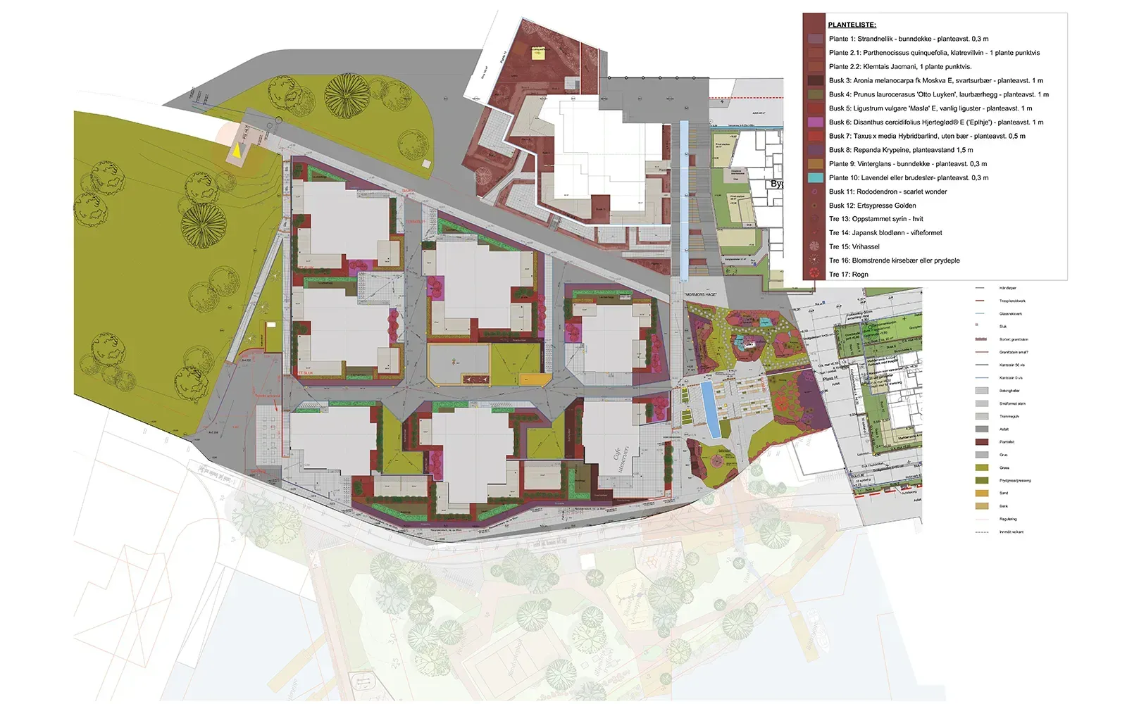 Landskapsplan for Bryggeparken torg med grøntareal, torgflater, vegetasjon og uteromsinndeling ved sjøen