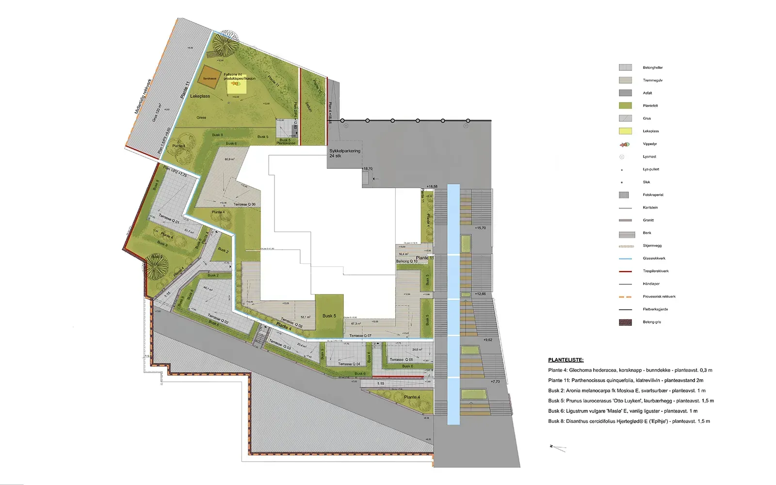 Illustrasjonsplan for Bygg Q på Nordre Jarlsberg Brygge med terrasserte uteområder, lekeplass og grønne felt