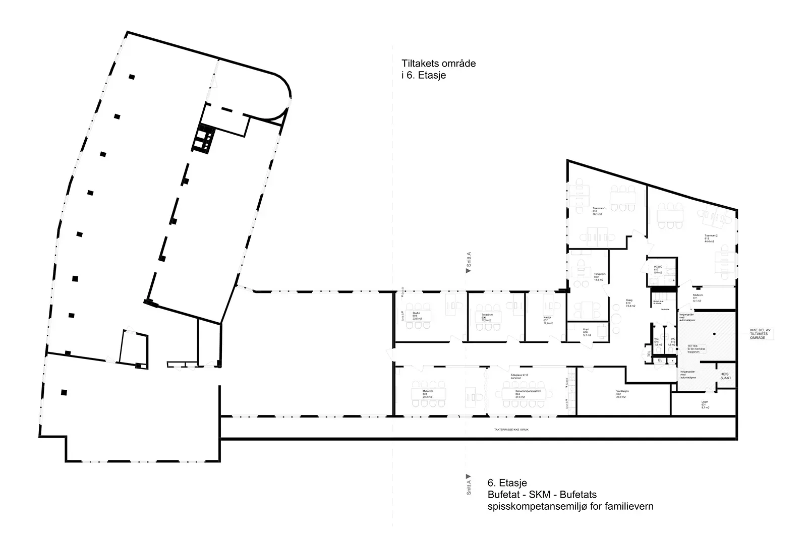 Plantegning av 6. etasje i Grønlandsleiret 25 med kontorer, møterom og spesialrom for Bufetats familievern