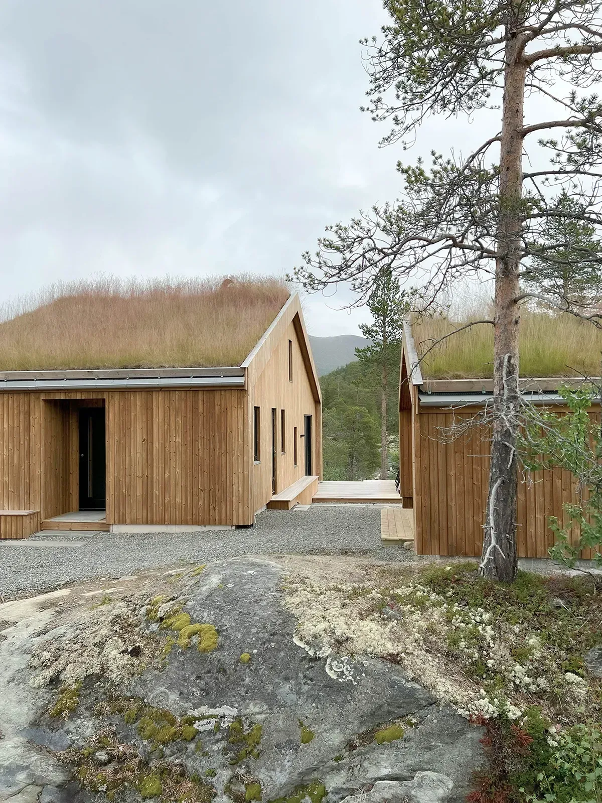Trehytter med gresstak ligger blant steiner og trær.