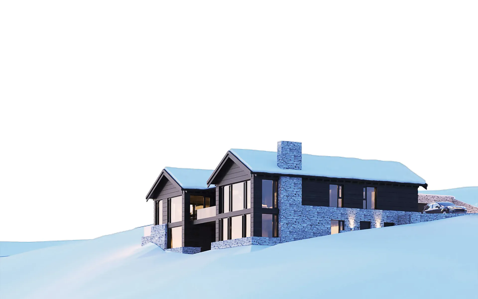 Arkitekttegnet hytte med mørk liggende trekledning og naturstein, store vindusflater og saltak, plassert i skrånende terreng.