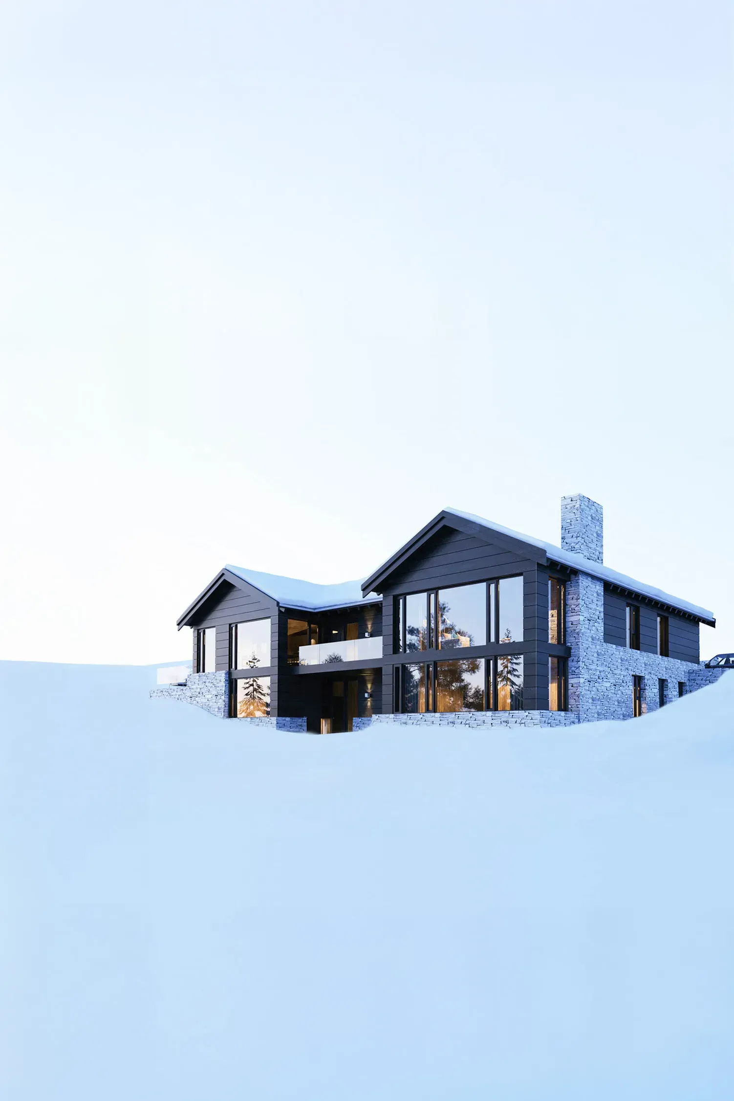Hytte i mørkt tre og naturstein med store glassfelt, arkitekttegnet med dobbel saltaksstruktur og tydelig materialkontrast.