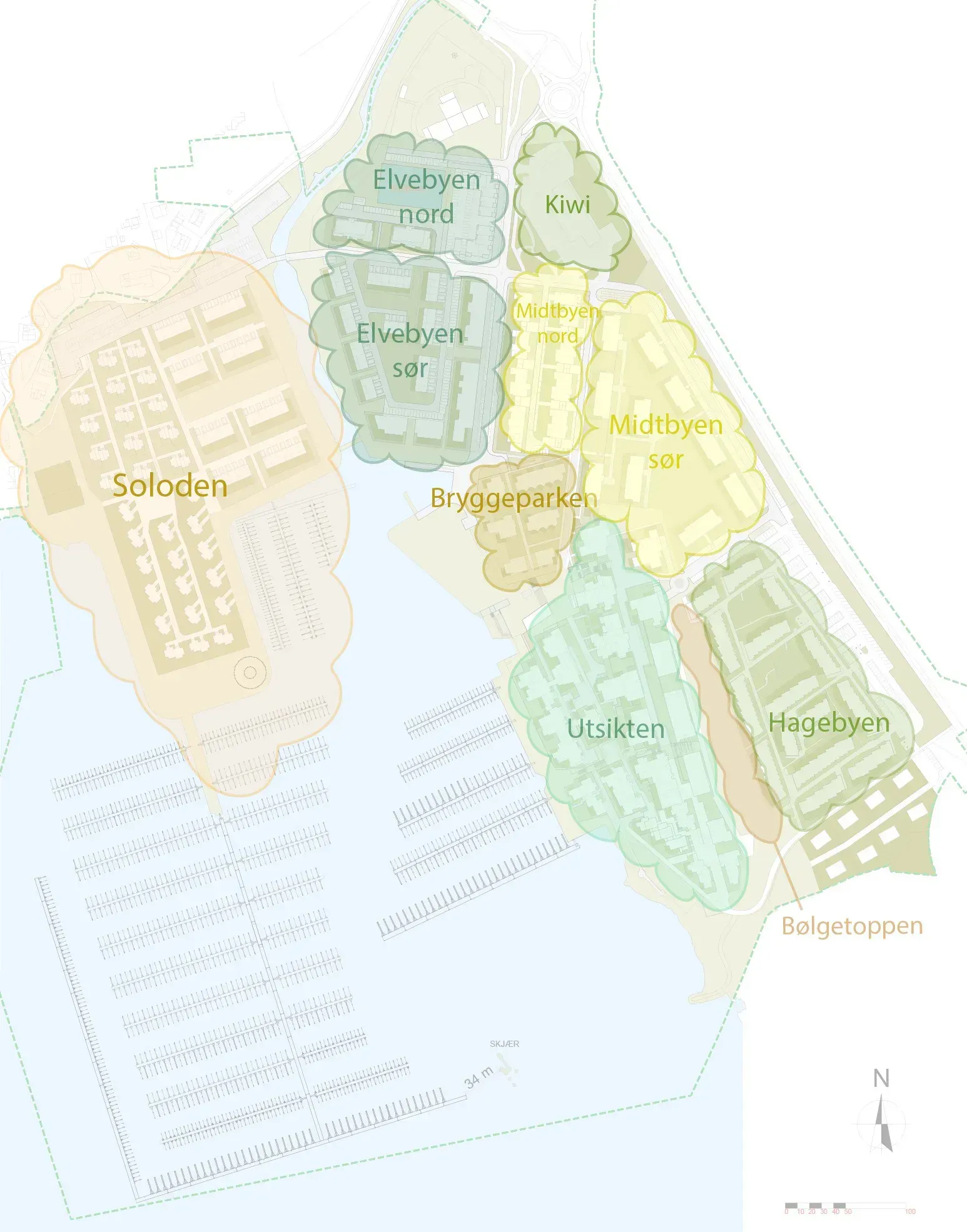 Oversiktskart over reguleringsprosjektet Nordre Jarlsberg Brygge med delområder, marina og gangforbindelser
