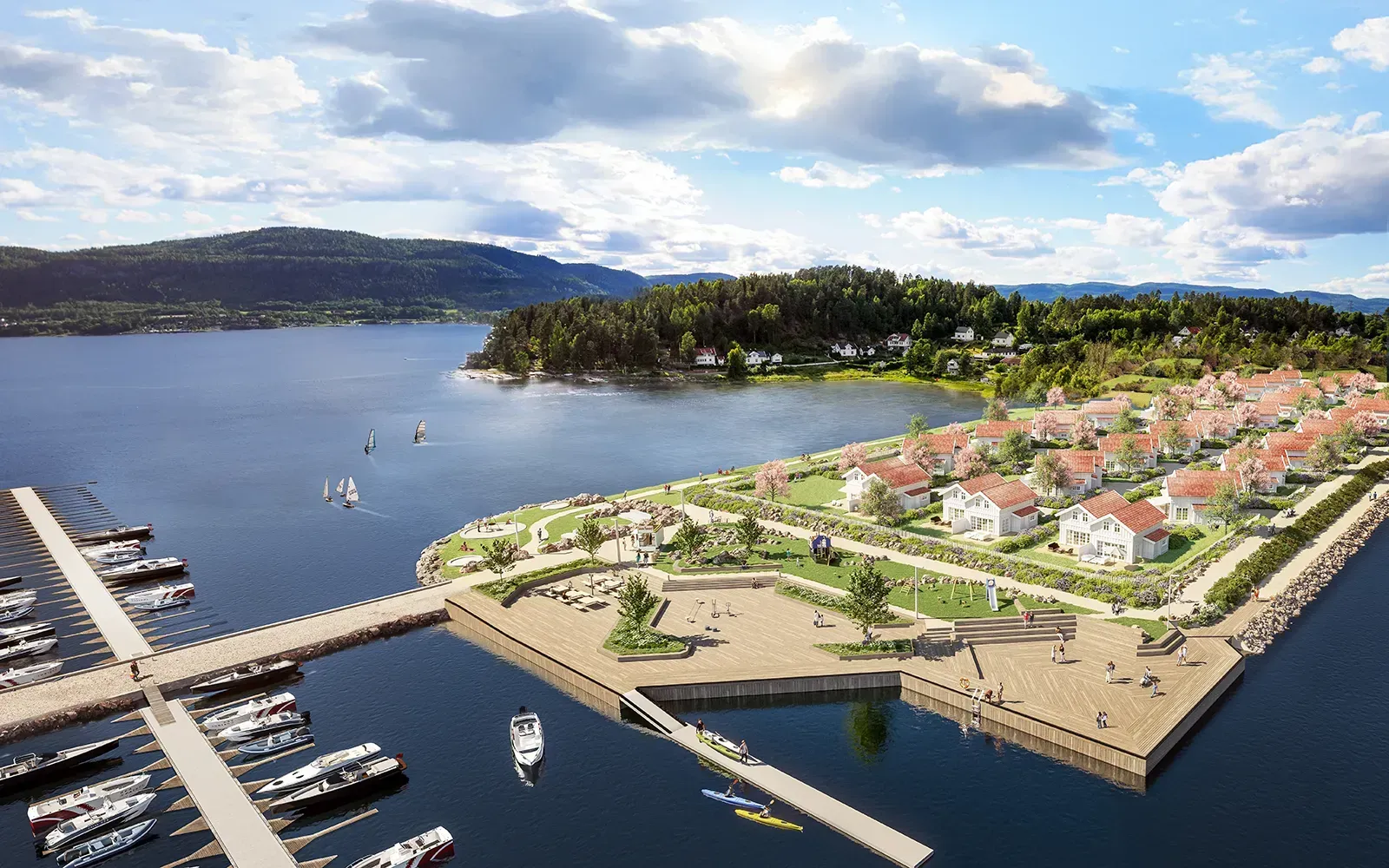 Visualisering av Soloden med småhusbebyggelse, bryggepromenade og grønne fellesarealer mot fjorden