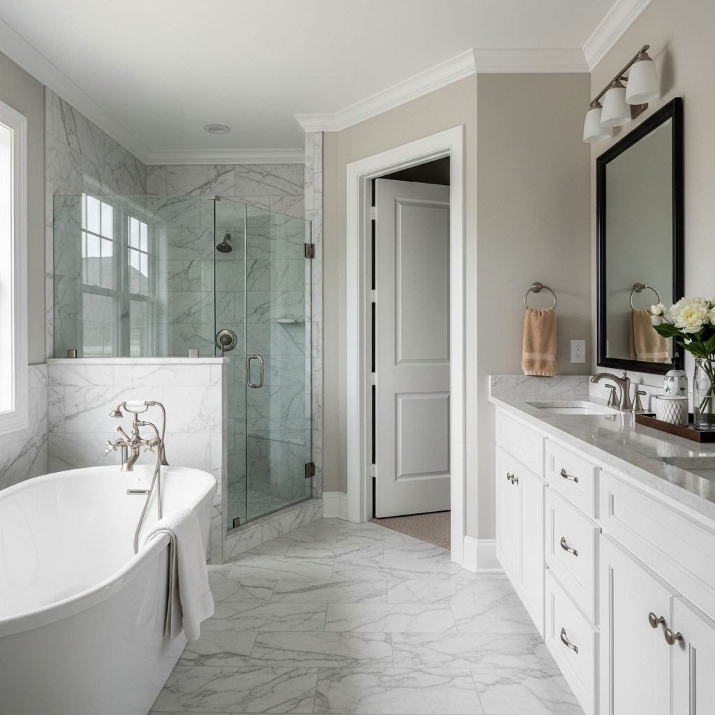 Elegant bathroom with a white soaking tub, glass shower, marble tile, and white vanity.