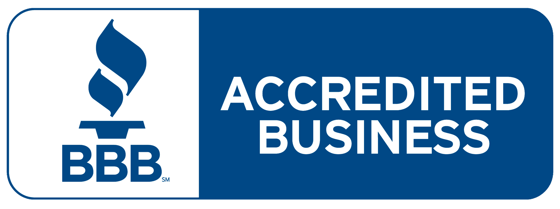 BBB Accredited Business logo, blue flame icon, text on blue background.