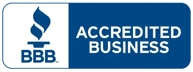 BBB Accredited Business logo, featuring a blue flame, and the words