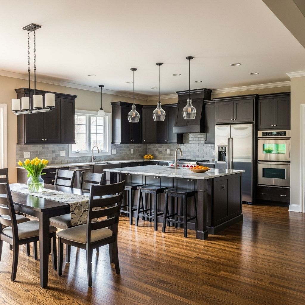 Spacious kitchen with dark cabinets, a marble island, and hardwood floors. A dining table is set with yellow flowers.