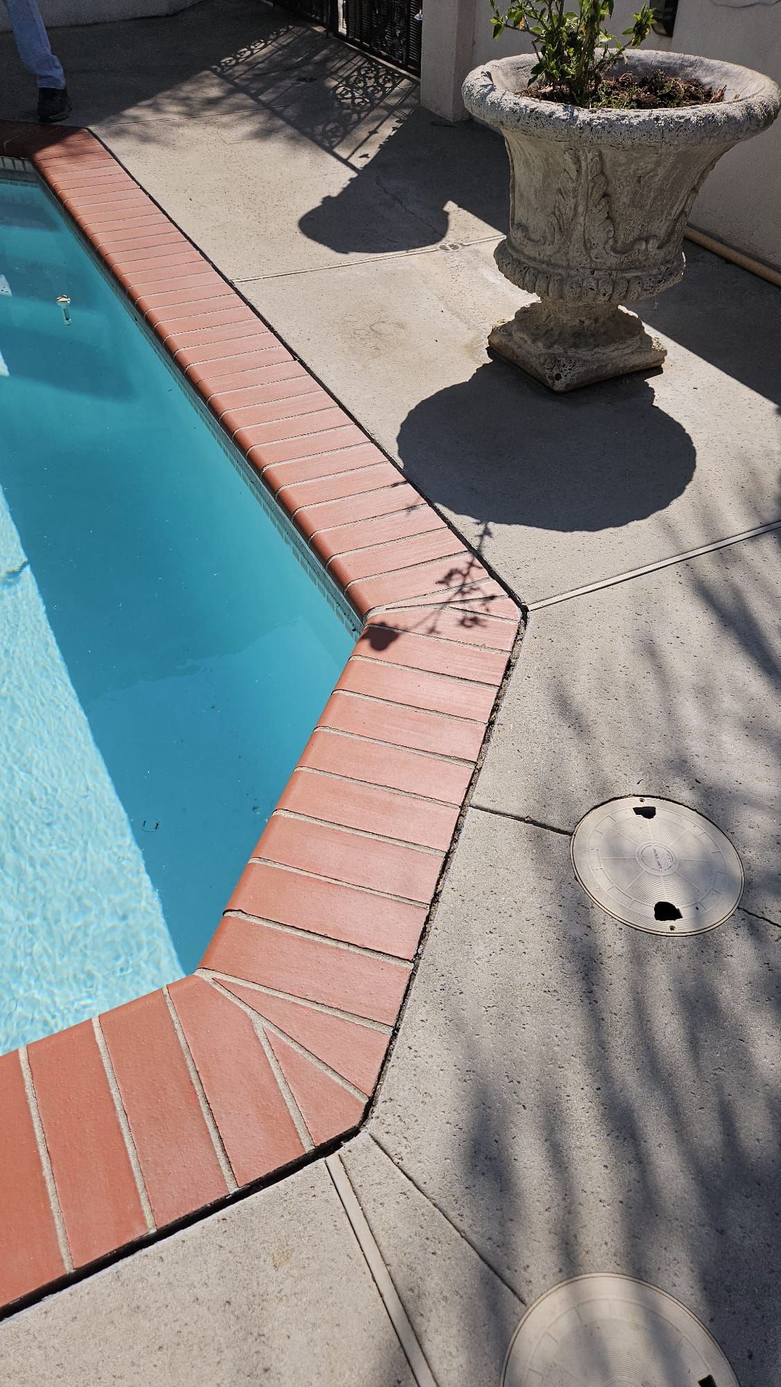 A swimming pool with a brick border and a planter on the side of it