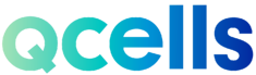 Qcells logo in gradient blue-green font.