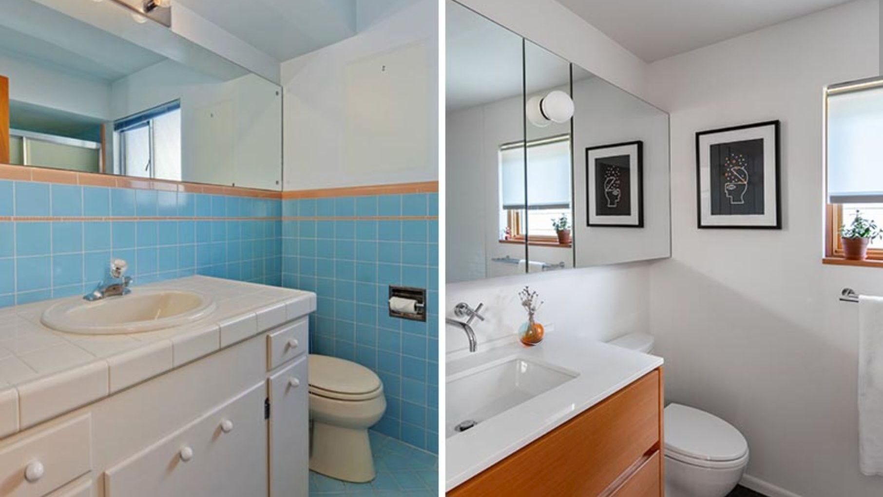 A bathroom with blue tiles and a sink and toilet