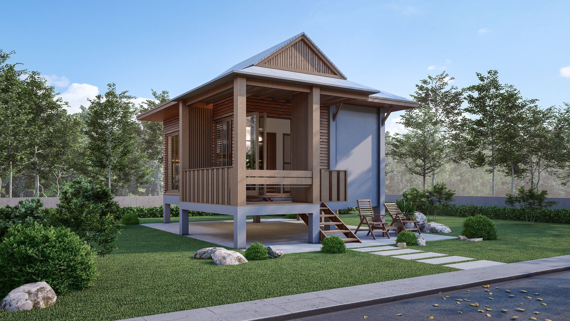 Wooden stilt house with a porch, lawn, trees, and a stone walkway. Blue sky in the background.