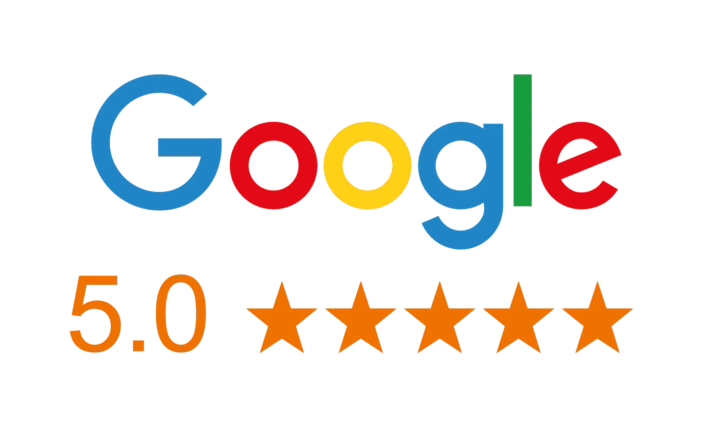 Google logo with 5-star rating, with the number 5.0 and five orange stars.