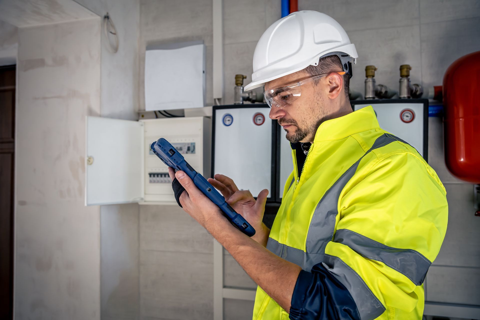 Man in safety gear using a tablet near electrical panel and plumbing.
