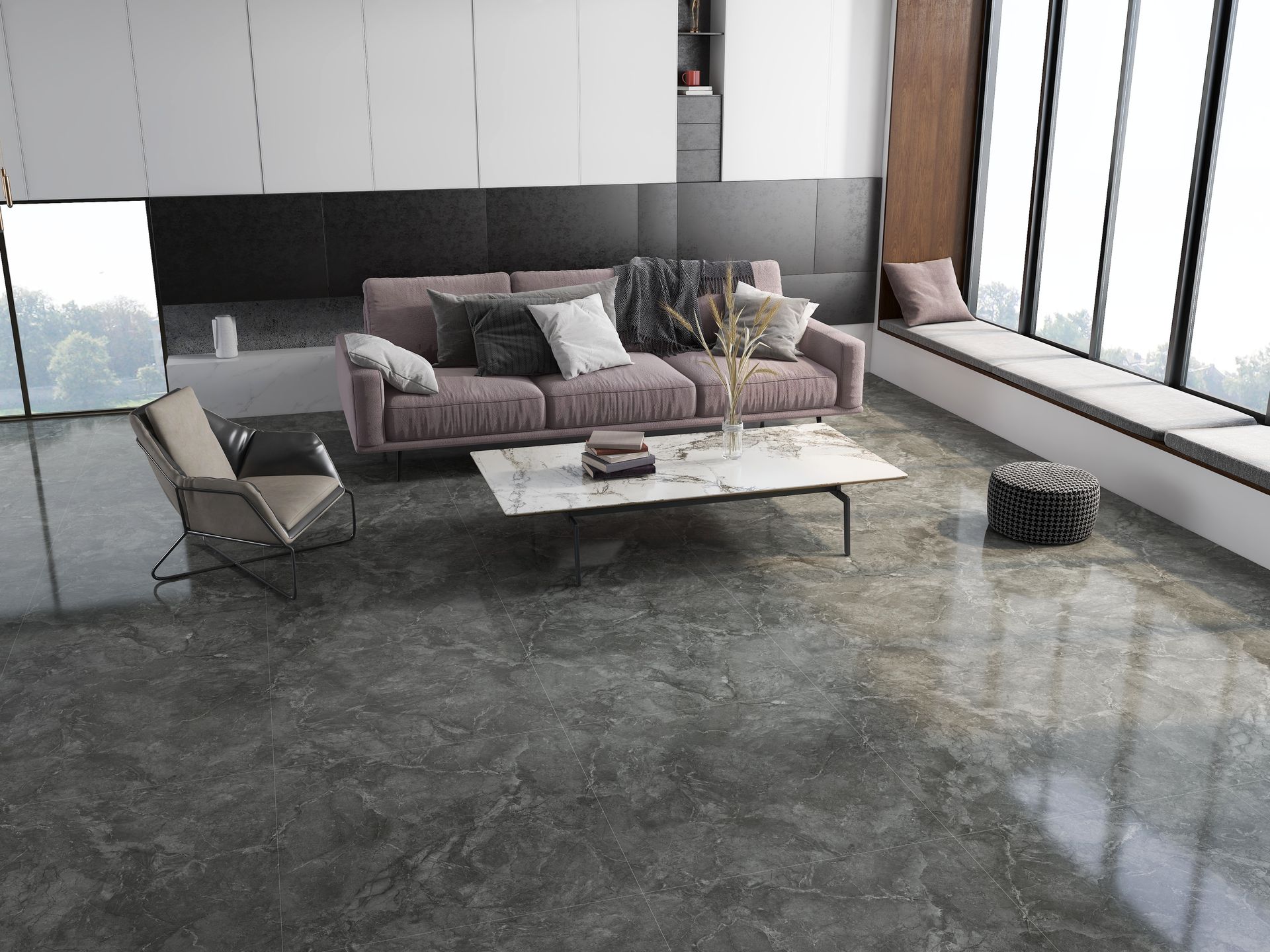 A living room with a couch, chair, coffee table, and large windows.