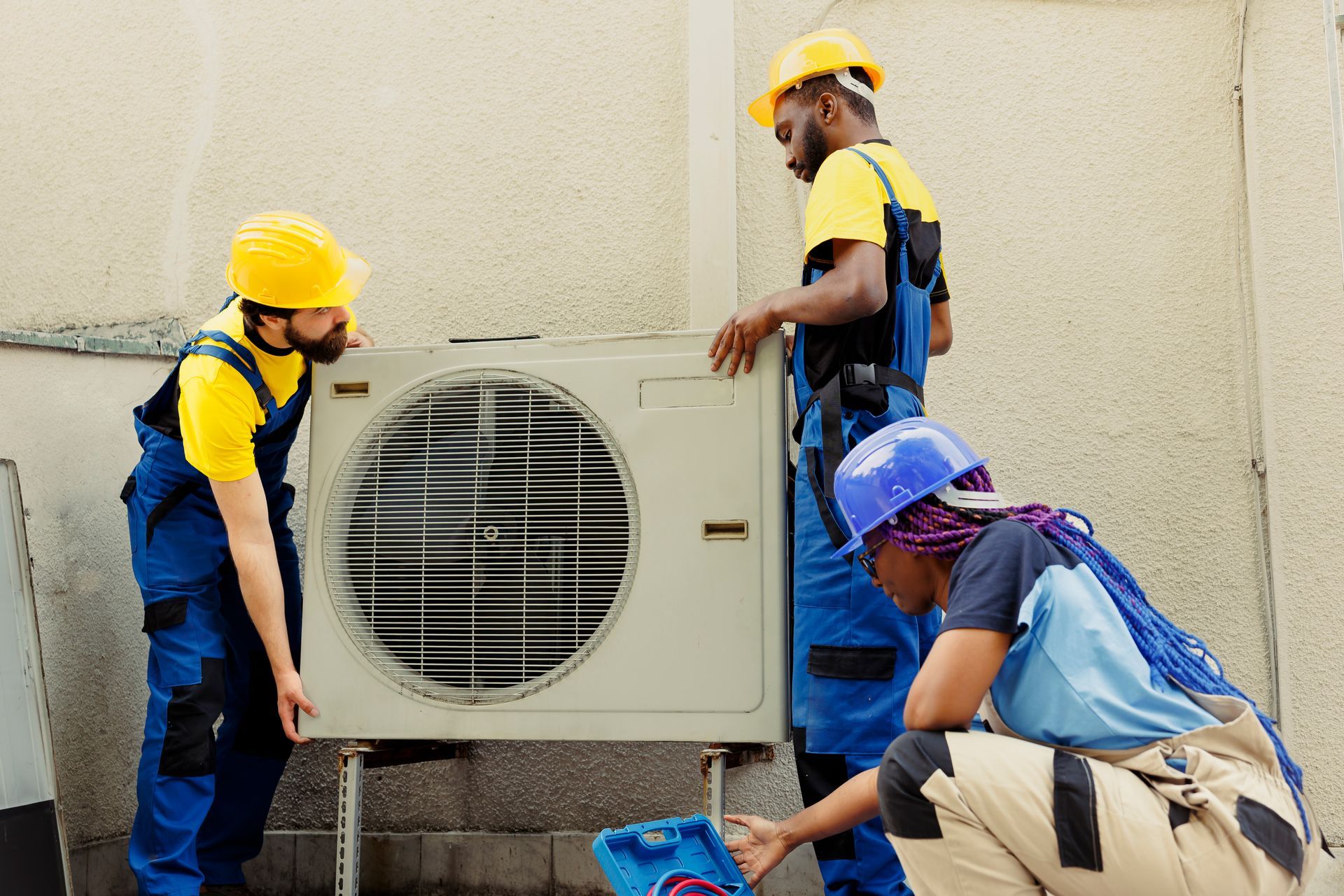 A group of people are working on an air conditioner outside of a building.
