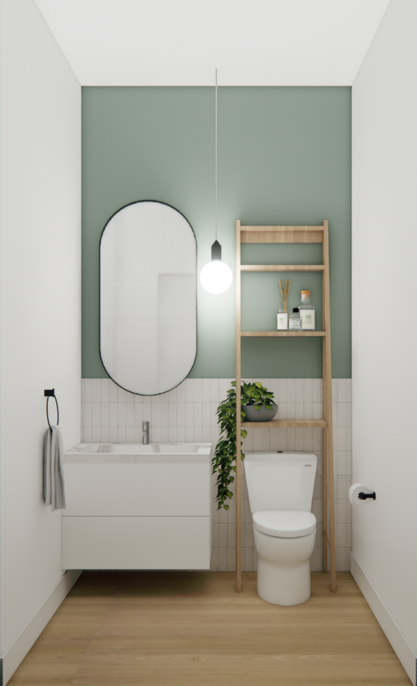Small bathroom with green accent wall, white vanity, oval mirror, and wooden shelf.