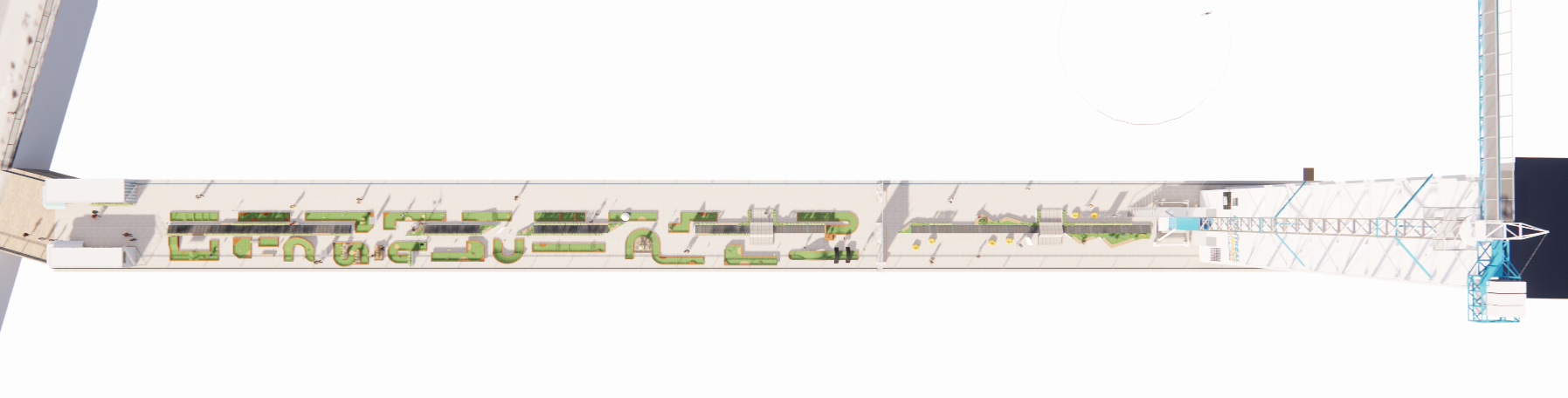 Top-down view of a rectangular building with rows of green elements and a blue element at the end.