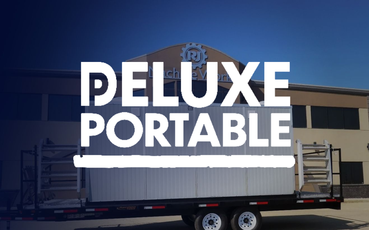 Deluxe portable container on a trailer, parked in front of a building with blue overlay and text.