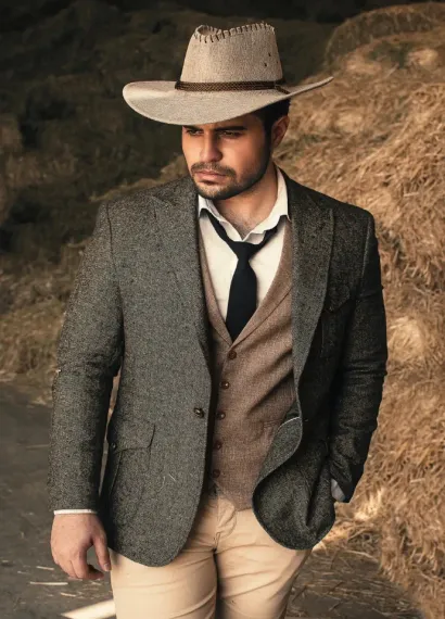 Man med cowboyhatt og dress i låve med høy