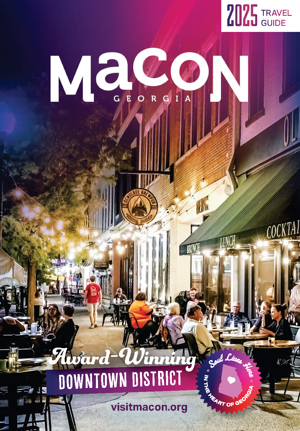 Macon, Georgia travel guide cover featuring an outdoor dining scene at night.