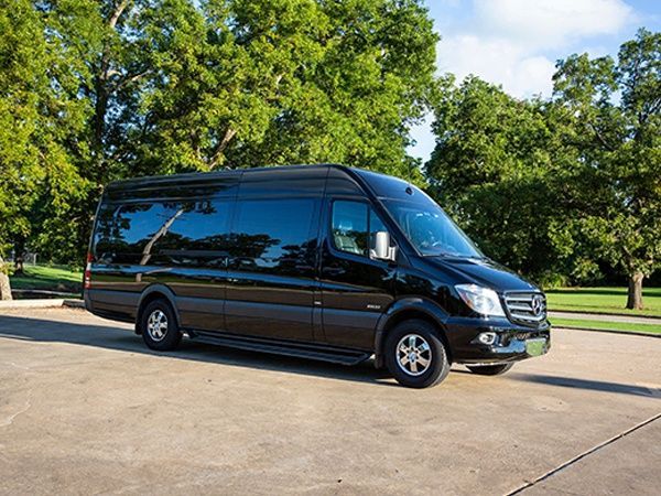 A black van is parked in a parking lot with trees in the background.