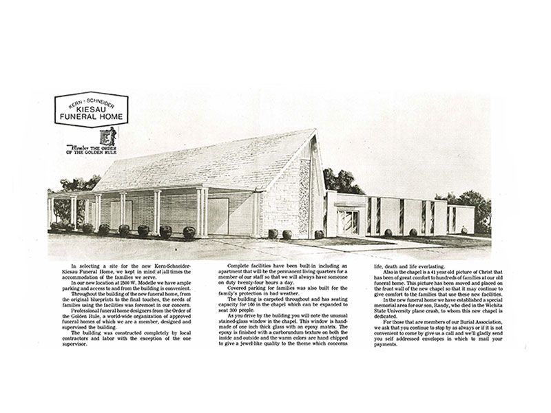A black and white photo of a funeral home.