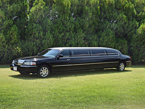 A black limousine is parked in a grassy field.