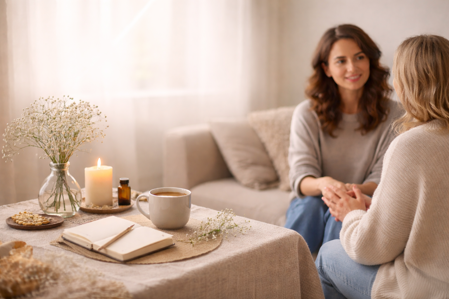 Two women in a bright living room, holding hands, talking, with a candle, flowers, and a notebook on a table.er