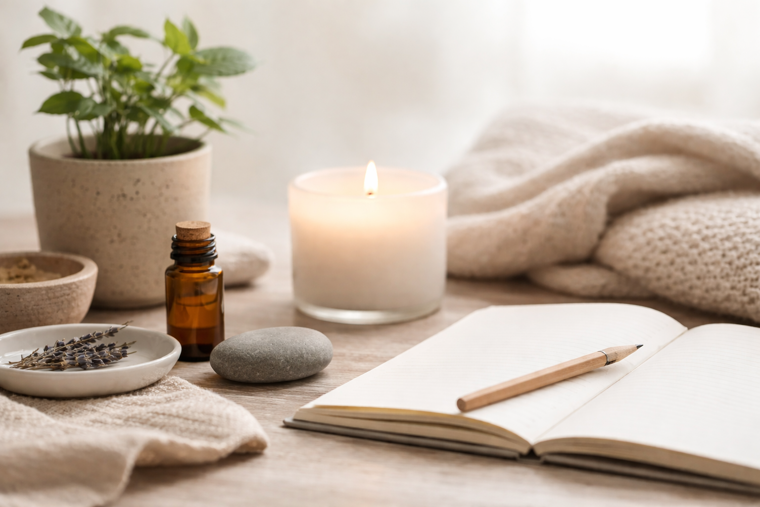 A serene scene: lit candle, open notebook, plant, essential oil, and sweater on a table.