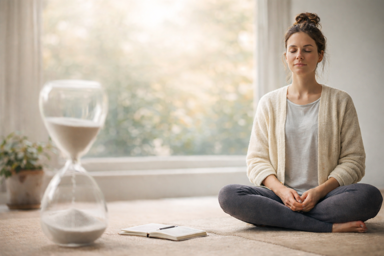 Woman meditating with eyes closed, sitting on floor next to hourglass and open notebook.