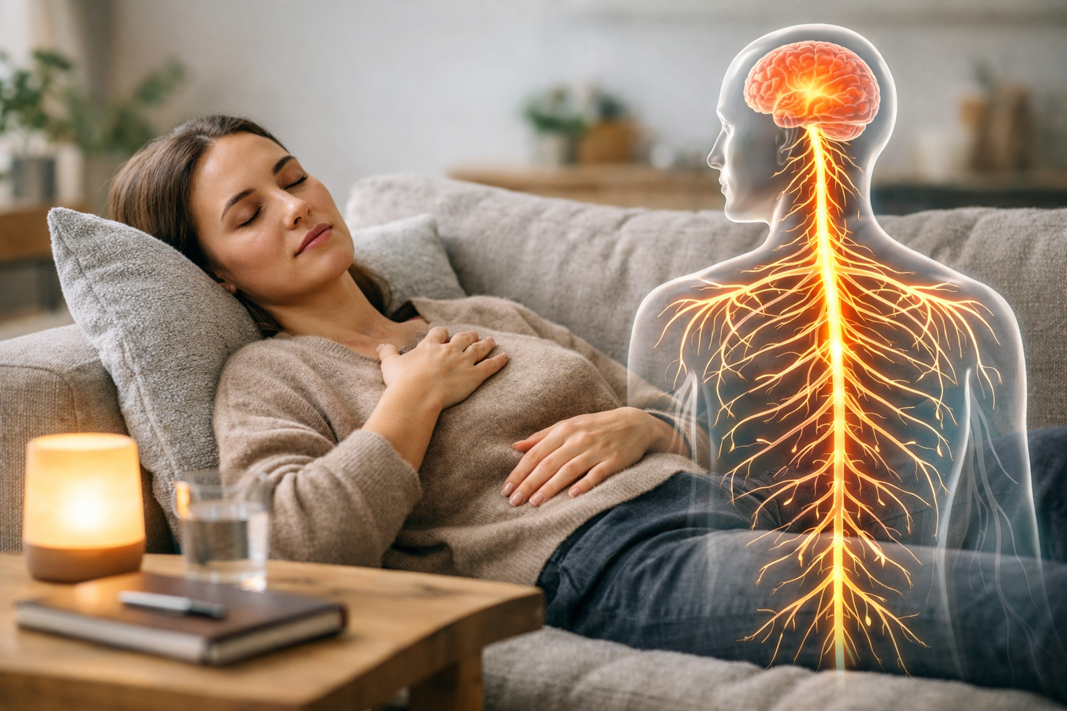 Woman resting on couch; diagram of nervous system overlaid, lit lamp, glass of water.