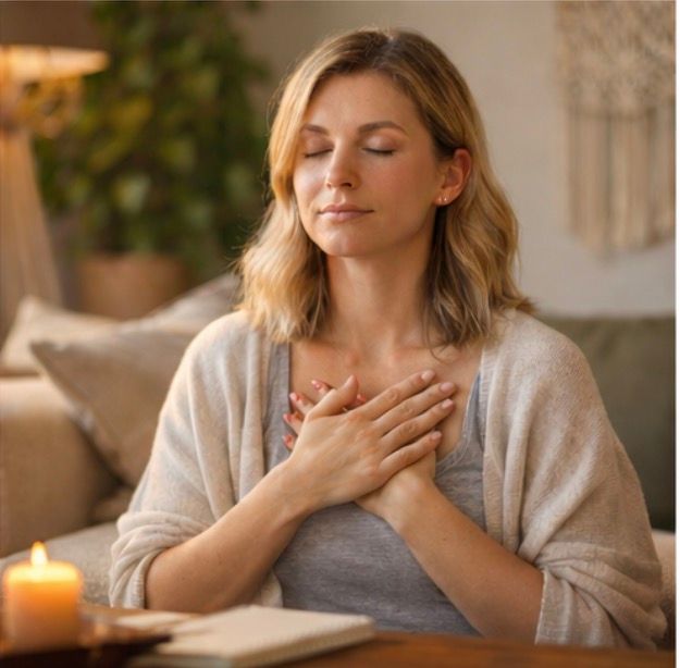 Woman with eyes closed, hands on chest, meditating indoors near a lit candle.