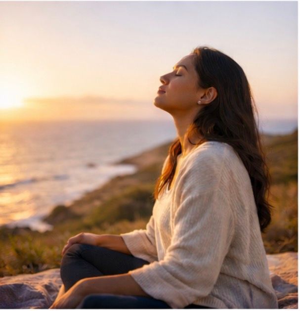 Woman sitting outdoors, eyes closed, meditating near the ocean at sunset.